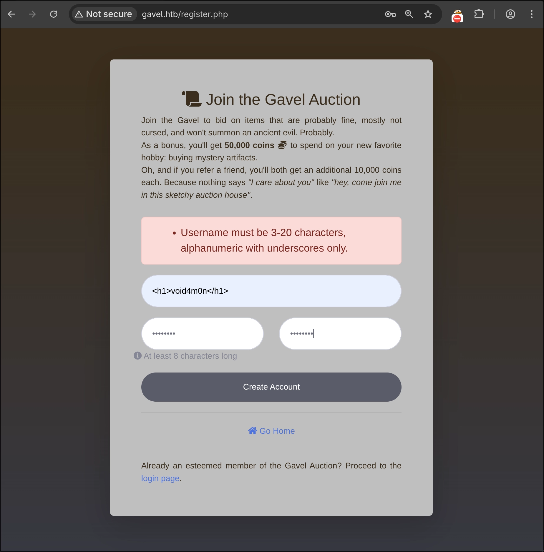 Página de registro salta el filtro